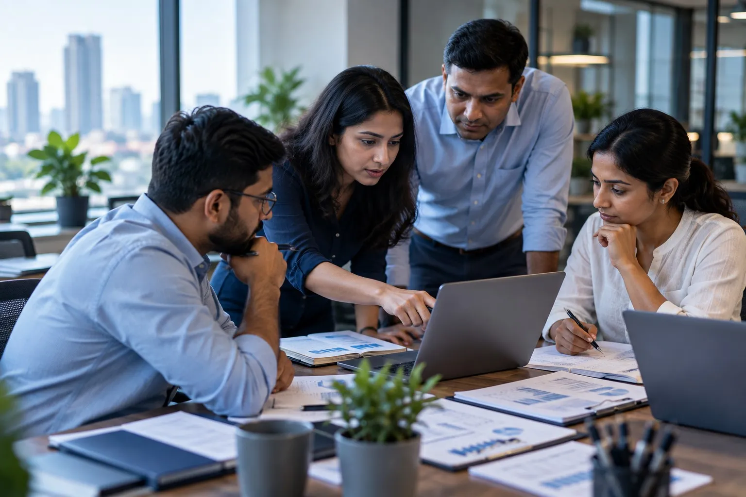 Four finance professionals reviewing printed reports and a laptop together at a table