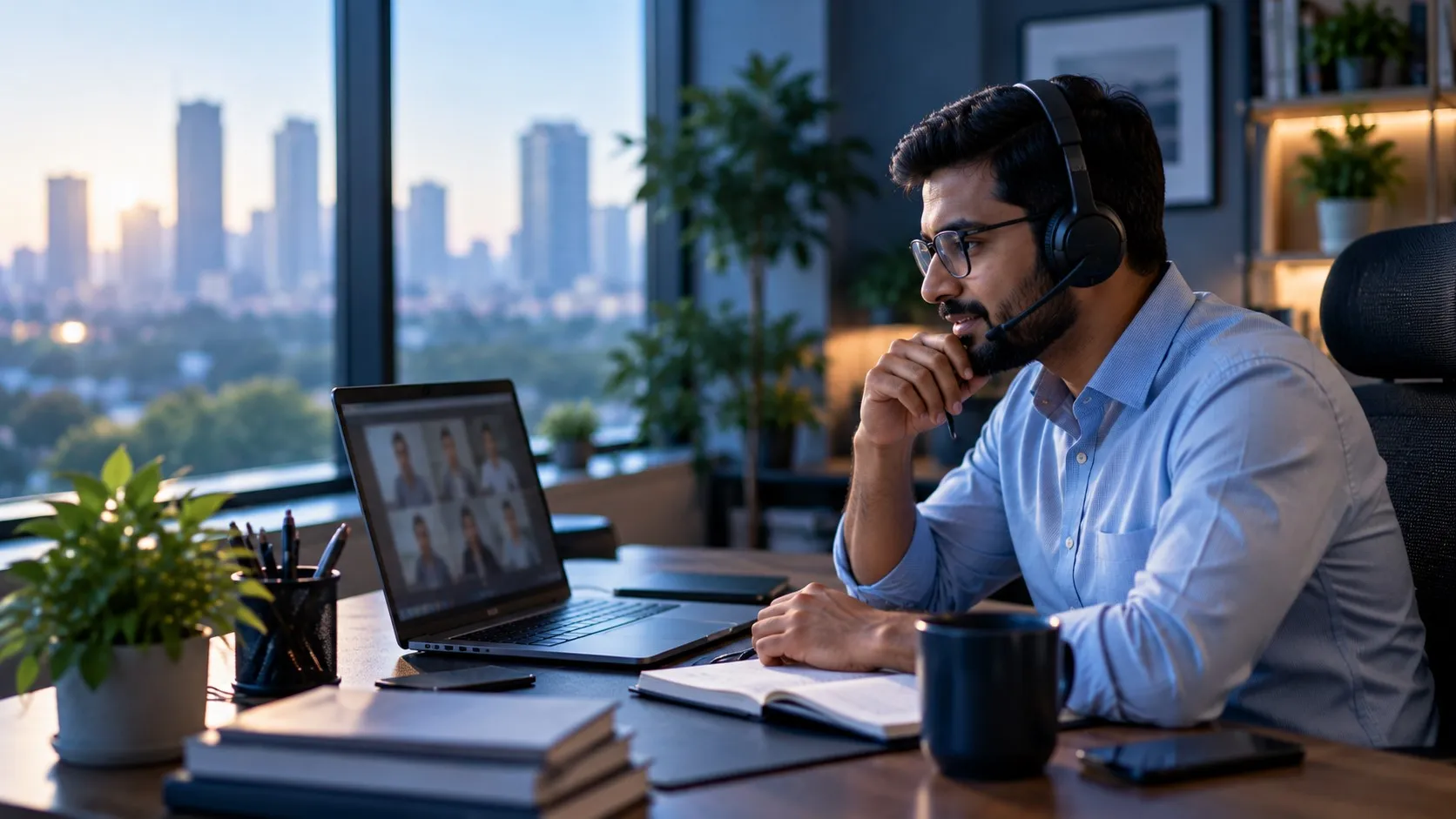 A professional wearing a headset on a video call at a desk beside a window