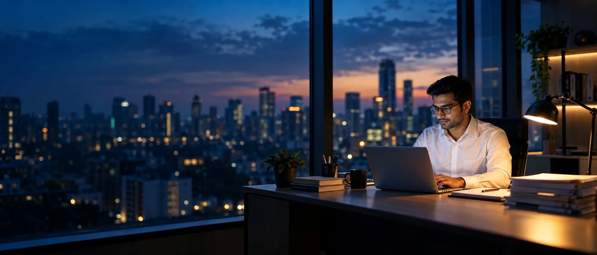 An accountant working on a laptop at a desk beside a window overlooking a city at dusk