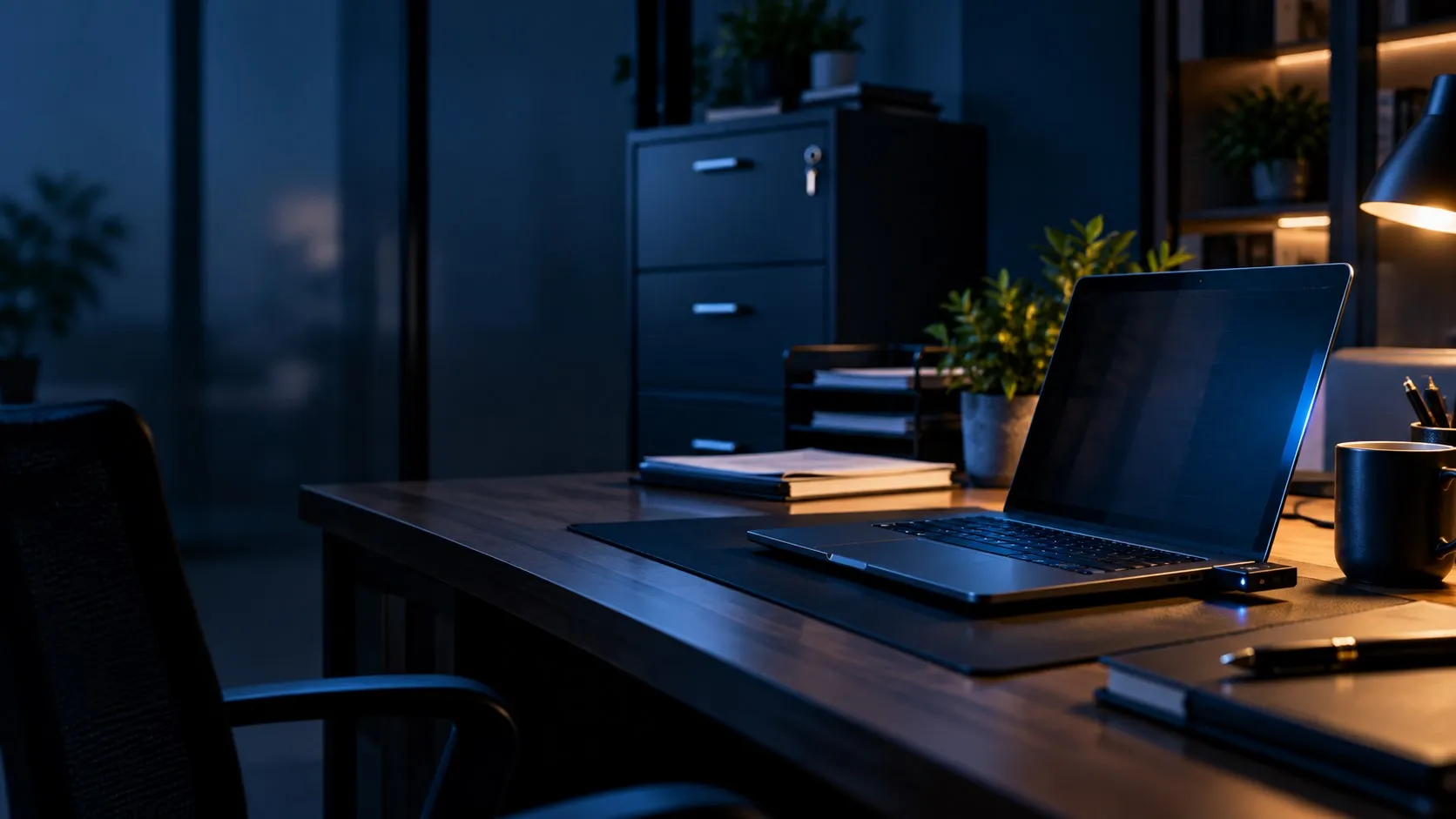 A laptop with a hardware security key plugged in, on a desk beside a locked filing cabinet in a dim office